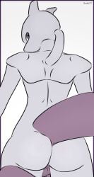 anthro ass backsack balls big_butt bubble_butt butt_pose generation_1_pokemon genitals grey_body legendary_pokemon looking_back male mewtwo nintendo nude pokemon pokemon_(species) pose purple_eyes raised_tail simple_background snek77 solo standing tail white_background