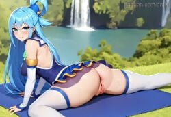 1girls ai_generated anilvl anus aqua_(konosuba) armwear ass bare_shoulders blue_clothing blue_eyes blue_hair blue_shirt blue_skirt blurry_background blush breasts bush candy_blue_hair closed_mouth day detached_sleeves folded_ponytail frilled_skirt from_behind grass hair_between_eyes hair_bobbles hair_ornament hair_rings inner_hair kono_subarashii_sekai_ni_shukufuku_wo! large_breasts legwear light-skinned_female light_blue_hair light_skin long_hair looking_at_viewer looking_back microskirt no_panties on_stomach outdoors outside puckered_anus pussy shiny_hair shirt skirt sleeveless smile solo spread_legs sweat thighhighs thighs uncensored very_long_hair water waterfall white_armwear white_legwear white_sleeves white_thighhighs