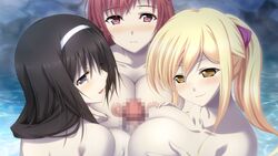 3girls areolae black_hair blonde_hair blue_eyes blush breast_squeeze breasts censored female game_cg highres large_breasts long_hair looking_at_viewer male mosaic_censoring multiple_females nipples noba nude onsen outercourse paizuri penis ponytail red_eyes red_hair smile straight tegome_ni_sareru_kyuunin_no_otome tied_hair water yellow_eyes yobai_suru_shichinin_no_harame_2