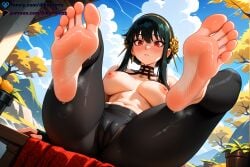 1girls ai ai_assisted ai_generated anime artist_name ass barefoot black_gloves black_hair blush breasts cameltoe cloud dibzprintz earrings fansly feet fingerless_gloves flower foot_focus foreshortening gloves hair_ornament hairband hi_res high_quality high_resolution highres jewelry large_breasts long_hair looking_at_viewer navel nipples outdoors pants parted_lips plant red_eyes rose sidelocks sky soles solo spy_x_family sweat toes topless watermark yoga_pants yor_forger