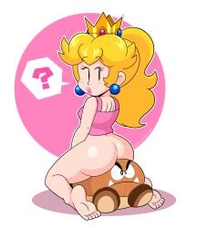 1girls ass blonde_female blonde_hair bottomless breasts butt crown edit female female_only funnyhoohooman girl girl_only mario_(series) nintendo no_panties no_pants princess princess_peach shirt shirt_only thighs top_only