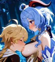 1boy 1girls aether_(genshin_impact) ai_generated breastfeeding ganyu_(genshin_impact) genshin_impact horny_female long_hair mihoyo pleasure_face sex straight