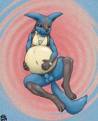 2014 anthro balls belly big_belly black_fur blue_fur canine claws english_text fur half-closed_eyes hand_on_belly jackal lucario male male_only male_pregnancy mammal navel necklace nintendo nude pokemon pokemon_(species) pokemorph pregnant sheath smile solo spikes spread_legs spreading text the_roop toe_claws tuft yellow_fur