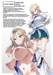 1girls belly_button big_breasts big_nipples blonde_female blonde_hair blue_eyes breasts breasts_out doujinshi english english_text exposed_breasts female female_only gyaru indigo_eyes looking_at_viewer multiple_views oohira_sansetto paizuri_committee school_uniform schoolgirl shirt_tied_around_waist skirt suprised_look teenage_girl teenager thighs tie tie_between_breasts