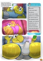 absurd_res anthro ass balls_outline band-aid bandage big_butt bodily_fluids bootydox bulge comic detailed_bulge dialogue duo electronics erection female femboy genital_fluids genital_outline hair hi_res huge_butt koopa koopa_troopa koopie_koo koops male male/female mario_(series) mario_bros nintendo paper_mario paper_mario:_the_thousand-year_door phone precum romantic romantic_couple scalie sexting super_mario_bros. sweat tail tenting text texting thick_thighs