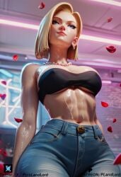 ai_generated android_18 big_breasts blonde_hair blue_eyes dbz dragon_ball dragon_ball_super dragon_ball_z jeans leaning_back nude oil oiled on_back pornlandlord sex spread_legs sweat sweaty tongue tongue_out vaginal_penetration