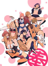 6+girls adjusting_clothes adjusting_swimsuit annoyed areola_slip areolae ass blonde_hair bow bra breasts brown_hair buruma buruma_pull cardigan cellphone character_request cheerleader competition_swimsuit copyright_request glasses gym_uniform headband highres holding inoue_kiyoshirou jitome large_breasts leaning_forward legs_together long_hair long_sleeves looking_at_viewer looking_up lying multiple_girls navel on_side one-piece_swimsuit one-piece_tan open_clothes open_mouth panties phone pink_hair pleated_skirt red_bra shirt_lift short_hair short_twintails sitting skirt skirt_lift small_breasts spread_legs stretch swimsuit tan tanline tied_hair twintails underwear uniform wariza white_bra white_panties