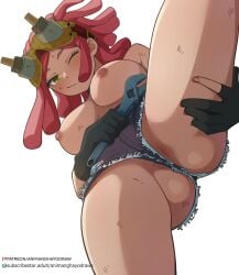 absurdres adjustable_wrench animanghayo ass black_gloves boku_no_hero_academia breasts commentary crosshair_pupils denim denim_shorts female from_below gloves goggles goggles_on_head hatsume_mei highres holding holding_wrench large_breasts looking_at_viewer medium_hair mei_hatsume nipples one_eye_closed patreon_logo patreon_username pink_hair shorts smile solo spread_legs subscribestar_logo subscribestar_username symbol-only_commentary symbol-shaped_pupils thighs topless white_background wrench yellow_eyes