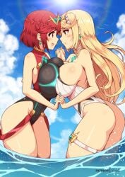 2girls ass black_one-piece_swimsuit black_swimsuit blonde_hair breasts choker clouds competition_swimsuit core_crystal earrings holding_hands in_water large_breasts long_hair mythra nintendo ocean one-piece_swimsuit outside painted_fingernails pyra red_eyes red_hair short_hair sky swimsuit thigh_strap tiara virus-g water white_one-piece_swimsuit white_swimsuit xenoblade_(series) xenoblade_chronicles_2 yellow_eyes