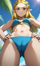 1girls ai_generated angry angry_expression angry_face bikini blonde_hair blush breath_of_the_wild cameltoe closed_eyes elf elf_ears female female_focus female_only green_eyes highres long_ears low-angle_view navel pale-skinned_female pale_skin petite pointy_ears princess_zelda small_breasts swimsuit the_legend_of_zelda zelda_(breath_of_the_wild)