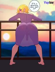 1boy blonde_hair clothed exhibitionism femboy feminine_male inviting legs_apart male penis see-through_clothing short_hair solo sunset text yaplov