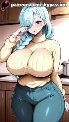 1girls 2025 ai_assisted ai_generated anime artist_name blue_hair braid breast breasts bust chest clothed_female denim desk earrings female_focus female_only hair_over_one_eye hi_res high_quality high_resolution highres indoors jewelry jujutsu_kaisen long_hair mei_mei mei_mei_(jujutsu_kaisen) pants patreon patreon_username purple_eyes ribbed_sweater sitting skypassion solo stable_diffusion sweater thick_thighs thighs turtleneck turtleneck_sweater watermark white_sweater