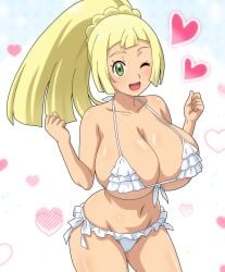 1girls aged_up big_breasts bikini blonde_hair breasts female female_only game_freak green_eyes hitokiwa_kenchin huge_breasts light-skinned_female light_skin lillie_(pokemon) nintendo pokemon pokemon_sm ponytail solo white_bikini wink