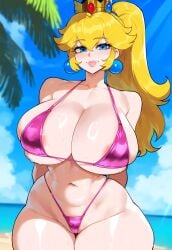 1girls ai_generated big_breasts bikini blonde_hair blue_eyes breasts female female_focus hips huge_ass huge_breasts juuicyai large_breasts light-skinned_female mario_(series) ponytail princess_peach thick_thighs thighs wide_hips