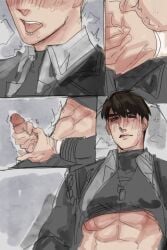 abs big_penis blush blush_lines both_hands_on_cock brown_hair caleb_(love_and_deep_space) fit_male imagining jerkingoff love_and_deep_space masturbation open_fly oupp13s31 sweat sweating thick_penis tongue_out uniform