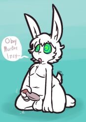 2025 4_fingers anthro balls blue_eyes bodily_fluids dialogue drooling english_text erection fingers freckles fur genital_fluids genitals glans green_eyes grey_nipples hair humanoid_genitalia humanoid_penis kneeling lagomorph leporid male mammal masturbation motion_lines nipples nude penile penile_masturbation penis pink_glans pink_penis precum rabbit saliva short_tail slightly_chubby slightly_chubby_anthro slightly_chubby_male solo speech_bubble spiral spiral_eyes submissive submissive_anthro submissive_male tail text ultilix white_balls white_body white_fur white_hair white_inner_ear white_nose