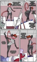 absurd_res american_opossum anthro ass avian big_butt birbpan blush blush_face breasts comic dialogue english_text exhibitionism female genitals hi_res humiliation mammal marsupial nude_modelling presenting presenting_hindquarters raised_tail small_breasts smile solo tail text virginia_opossum vulva