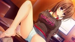 antenna_hair asami_asami ashiya_suzuka barefoot blush breasts brown_hair cameltoe computer feet female game_cg highres large_breasts legs long_hair long_sleeves looking_at_viewer monitor panties ponytail pretty_x_cation_2 purple_eyes sitting skirt smile solo_focus table thighs tied_hair toes underwear