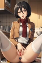 1girls ai_generated anal anal_object_insertion arm_support artist_name ass attack_on_titan black_eyes black_hair bowl breasts brown_jacket butt_plug emblem female_masturbation hair_between_eyes hi_res indoors jacket kitchen lips long_sleeves looking_at_viewer masturbation mikasa_ackerman no_panties object_insertion open_mouth paradis_military_uniform patreon_username pussy red_scarf rule34lab scarf shingeki_no_kyojin short_hair sitting skirt solo spread_legs thighhighs uncensored white_thighhighs