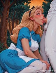1boy ai_generated alice_(alice_in_wonderland) alice_(disney) alice_in_wonderland alice_liddell apron ass bangs black_hairband blonde_hair blue_dress blue_eyes blush bow breasts clothed_female clothed_female_nude_male clothing day disney disney_princess dress erection eyelashes fellatio female female forest grass hairband hairbow hand_on_another's_head headwear indoors irrumatio jousneystudio kneeling large_breasts large_penis legwear light-skinned_female light_skin lips long_hair makeup male medium_breasts nature no_shoes nose nude nude_male oral outdoors pants pantyhose penis plant puffy_short_sleeves puffy_sleeves saliva saliva_trail sex short_sleeves sitting solo_focus straight testicles thighs tree veins veiny_penis white_legwear white_pants white_pantyhose