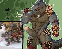 abs accessory anthro armor armpit_hair balls biceps big_balls big_muscles big_pecs big_penis blood blood_on_face bodily_fluids body_hair bushy chest_hair clothing crocodile crocodilian dominant dominant_male erection exoticdragonbeing fur gauntlets genitals gloves grey_body hairy_balls handwear hi_res holding_object holding_weapon jewelry looking_at_viewer male melee_weapon muscular muscular_anthro muscular_male nipples nude pecs penis reference_image reptile scales scalie simple_background smile solo solo_focus spikes tail teeth weapon