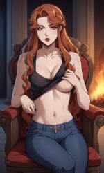 1girls ai_generated ass bigmic145 braid breasts castlevania castlevania_(netflix) cleavage female hair_ornament jeans lenore_(castlevania) lips long_hair medium_breasts monster_girl navel orange_hair stripping tank_top tank_top_lift tease teasing top_lift trousers underboob vampire vampire_girl wavy_hair