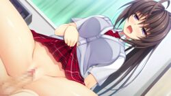 antenna_hair asami_asami ashiya_suzuka blush breasts brown_hair censored clothed_female_nude_male cowgirl_position curtains female game_cg highres large_breasts legs long_hair looking_away lying mosaic_censoring no_panties open_mouth penetration penis plaid_skirt ponytail pretty_x_cation_2 purple_eyes pussy saliva school_uniform sex sitting sitting_on_person skirt skirt_lift solo_focus spread_legs thighs tied_hair vaginal_penetration