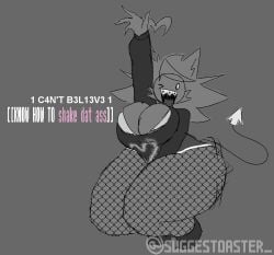 cursor fishnets grey_body huge_ass huge_breasts huge_thighs reese_(suggestoaster_) sharp_teeth short_shorts suggestoaster_ tail text tongue_out twerking