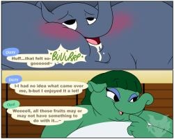 ambiguous_gender animal_crossing anthro blush border burping comic dialogue dialogue_box dizzy_(animal_crossing) double_chin duo elephant elephantid english_text eyelashes eyeliner eyeshadow female green_body green_hair hair hi_res huge_cheeks inside jouigidragon makeup male male_(lore) mammal markings milk morbidly_obese morbidly_obese_anthro morbidly_obese_male nintendo obese obese_anthro obese_female obese_male opal_(animal_crossing) open_mouth open_smile overweight overweight_anthro overweight_female overweight_male proboscidean proboscis_(anatomy) smile text trunk_(anatomy) wall_(structure) watermark white_border white_markings