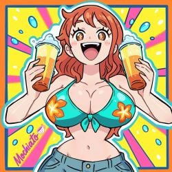 1girls artist_name beer big_breasts bikini_top busty cleavage grin light-skinned_female light_skin midriff mochiato_art nami_(one_piece) one_piece orange_hair small_waist
