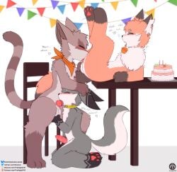 absurd_res ancesra_(ancesra) animal_genitalia animal_penis anthro banner bell bell_collar birthday birthday_cake blush cake candle canid canine canine_genitalia canine_penis chair claws closed_eyes collar cunnilingus dessert fangs female food fox fur fur_markings furniture genitals group heart_symbol hi_res iradeon kerchief kneeling male male/female male/male mammal markings nia_(senz) on_table oral oral_penetration party paws penetration penis procyonid raccoon sean_(senz) senz sex simple_background sitting table tail teeth text tongue tongue_out trio vaginal_penetration