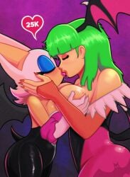 2girls bat_wings big_breasts capcom crossover darkstalkers female grabbing_another's_breast green_hair holding_head huge_breasts kissing light-skinned_female light_skin lipstick morrigan_aensland roboticsteve rouge_the_bat sonic_(series) sonic_the_hedgehog_(series) wet_kiss white_fur yuri