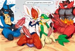 2025 absurd_res ai_generated anal anal_sex animal_genitalia anthro ball_size_difference balls big_balls big_penis blush bodily_fluids canid canine canine_penis cinderace cum cumshot dialogue ejaculation english_text erection fur generation_4_pokemon generation_5_pokemon generation_7_pokemon generation_8_pokemon genital_fluids genitals group group_sex heart hellsonger hi_res humanoid_genitalia humanoid_penis incineroar kneeling knot looking_pleasured lucario male male/male mammal masturbation muscular muscular_male nintendo nude orgasm orgasm_face penetration penile penis pokemon pokemon_(species) red_balls red_fur sex size_difference smile snivy sweat text vein