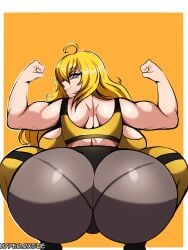 1girls ass big_ass blonde_hair bottom_heavy breasts clothing crop_top crouching dat_ass fat_ass female female_only flexing flexing_bicep huge_ass hyperrxgue large_ass looking_at_viewer looking_back massive_ass pants pantylines rwby short_hair solo squatting thick_ass thick_thighs thunder_thighs toned toned_female wide_hips yang_xiao_long