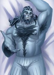 arms_behind_head arms_up bara blush body_pillow bushy_eyebrows curly_hair date_everything freddy_yeti hairy hairy_armpits hairy_chest hairy_male long_hair monster offering offering_to_viewer smile smile_at_viewer yeti