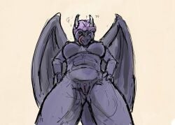 2012 anthro black_body breasts colored dragon female genitals guide_lines hair hands_on_hips horn jeri_kleinlowe looking_at_viewer looking_down looking_down_at_viewer looming looming_over mythological_creature mythological_scalie mythology navel nipples nude nude_female purple_hair scalie simple_background solo standing tan_background tongue vulva wings winking_lips