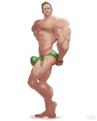 1boy abs artist_name ass bara barefoot bulge dated feet glasses legs male male_focus male_only muscular muscular_arms muscular_chest muscular_male nipples pecs pectorals simple_background solo solo_male text thighs thong wardgaya yaoi