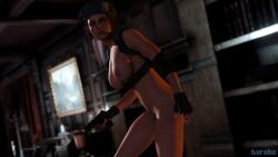 1girls 3d beret durabo female fingerless_gloves gloves gun handgun hat jill_valentine nude nude_female resident_evil solo weapon