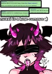 1boy ask_an_incubus ask_blog blind blindfold blindfolded boy cum cum_in_mouth cum_inside cum_on_face cumshot demon demon_boy demon_horns demon_humanoid demon_tail demon_wings fangs femboy femboy_focus femboy_only femboysub feminine_male incubus interactive male male_focus male_only mantislord nervous nervous_smile nyxxi short_hair stripes sweat sweating text text_box text_bubble tongue tongue_out