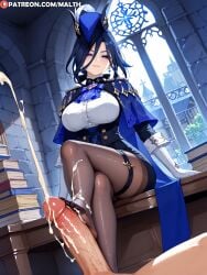 1boy 1girls ai_generated blue_hair blush bowtie breasts cloak clorinde_(genshin_impact) condescending crossed_legs cum cum_on_feet cum_on_leg excessive_cum feet female footjob genshin_impact half-closed_eyes hat head_tilt highres large_breasts looking_at_viewer male malth one-footed_footjob pantyhose penis purple_eyes sitting thigh_strap toes