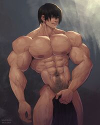 1boy abs artist_name bara black_hair covering_crotch dated jujutsu_kaisen male male_focus male_only muscular muscular_arms muscular_chest muscular_male navel nipples pecs pectorals solo solo_male text thighs toji_fushiguro vein veiny_arms wardgaya
