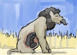 2012 almost_fully_inside anthro anthro_prey belly black_body black_fur black_mane blue_sky closed_eyes colored day duo felid feral feral_pred fur guide_lines head_first inside_stomach internal jeri_kleinlowe larger_pred lion male male/male mammal mane mephitid nude_feral nude_male nude_pred nude_prey oral_vore outside pantherine savannah_grass sitting size_difference skunk skunk_tail sky tail tan_body tan_fur vore willing_pred