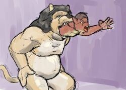 2012 anthro belly brown_body brown_fur brown_hair brown_mane buckteeth colored duo feet_first felid forced fur green_eyes guide_lines hair hand_on_hip jeri_kleinlowe larger_pred lion looking_at_viewer male male/male male_pred male_prey mammal mane nipples nude_pred open_mouth oral_vore pantherine partially_inside purple_background reaching_out rodent scared sciurid sharp_teeth simple_background sitting size_difference squirrel struggling struggling_prey tail tan_body tan_fur teeth tongue tree_squirrel unwilling_prey vore white_body white_fur willing_pred