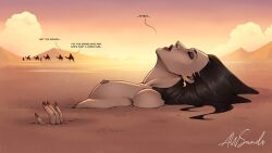 areolae awsands black_hair breasts closed_eyes degradation desert dialogue earrings eyeshadow female female_focus lipstick long_hair makeup nipples painted_nails quicksand red_nails signature sinking stuck topless