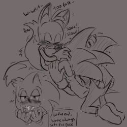 black_and_grey black_and_white blowjob cum cum_in_mouth dialogue m27pb male/male miles_tails_prower sketch sonic_(series) sonic_the_hedgehog sonic_the_hedgehog_(series) sucking_penis tails tails tails_the_fox yaoi