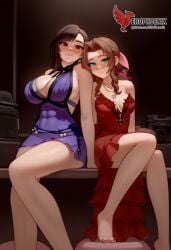 2d 2girls aerith_gainsborough ai_generated ass barefoot big_ass big_breasts blush bra couch dress erophoenix feet female female_focus final_fantasy final_fantasy_vii final_fantasy_vii_rebirth final_fantasy_vii_remake indoors jewelry large_breasts long_hair multiple_girls naked navel panties patreon_username purple_bra purple_panties red_bra red_eyes red_panties sitting small_breasts smile soles sweat sweating thick_thighs thighs tifa_lockhart underwear yuri yuri