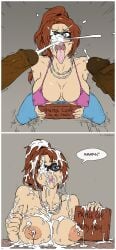 1girls 2013 2koma big_penis brown_hair bukkake cum cum_in_mouth cum_on_face cum_on_hair dark-skinned_male ejaculation female gabrielle_(swegabe) huge_cock interracial large_penis legend_of_queen_opala light-skinned_female male nipple_piercing ponytail sign sparrow_(artist)