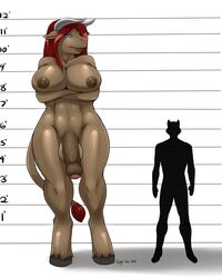 2015 big_breasts big_penis blue_eyes bovine breasts brown_fur brown_nipples chart fur hair height_chart hooves horn larger_intersex mammal marissa_lorraine_(character) minotaur model_sheet nightfaux nipples penis red_hair silhouette size_difference smaller_male uncut wide_hips