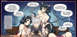 armchair before_sex bikini breasts cat_boy cat_ears cow_print_bikini dialogue jane_doe_(zenless_zone_zero) motion_lines playing_videogame provocative rat_ears rat_girl rat_tail seductive_look seductive_smile seth_lowell smile stormrider text_bubble white_hair zenless_zone_zero