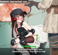 1boy black_hat black_thighhighs blue_pants blush bottomless brown_hair brown_shirt bulletproof_vest censored commentary_request dirty dirty_clothes dongchuan elbow_pads embarrassed english_text fallout fallout_4 female gloves grey_gloves hat headset highres knee_pads long_hair looking_at_another mosaic_censoring nervous_smile original pants peeing pouch preston_garvey pussy red_eyes shirt single_thighhigh smile sweat thighhighs toilet toilet_use trembling